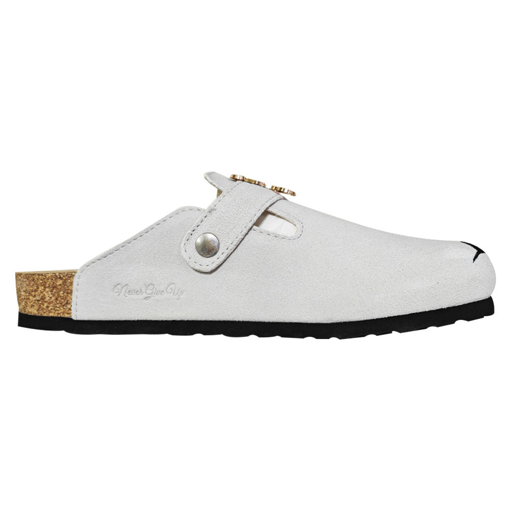 Luxury White Clogs by Meckmanly with Gold "M" Emblem & Black Tribal Tattoo Design - Stylish Slip-On Mules for Fashion-Forward Women