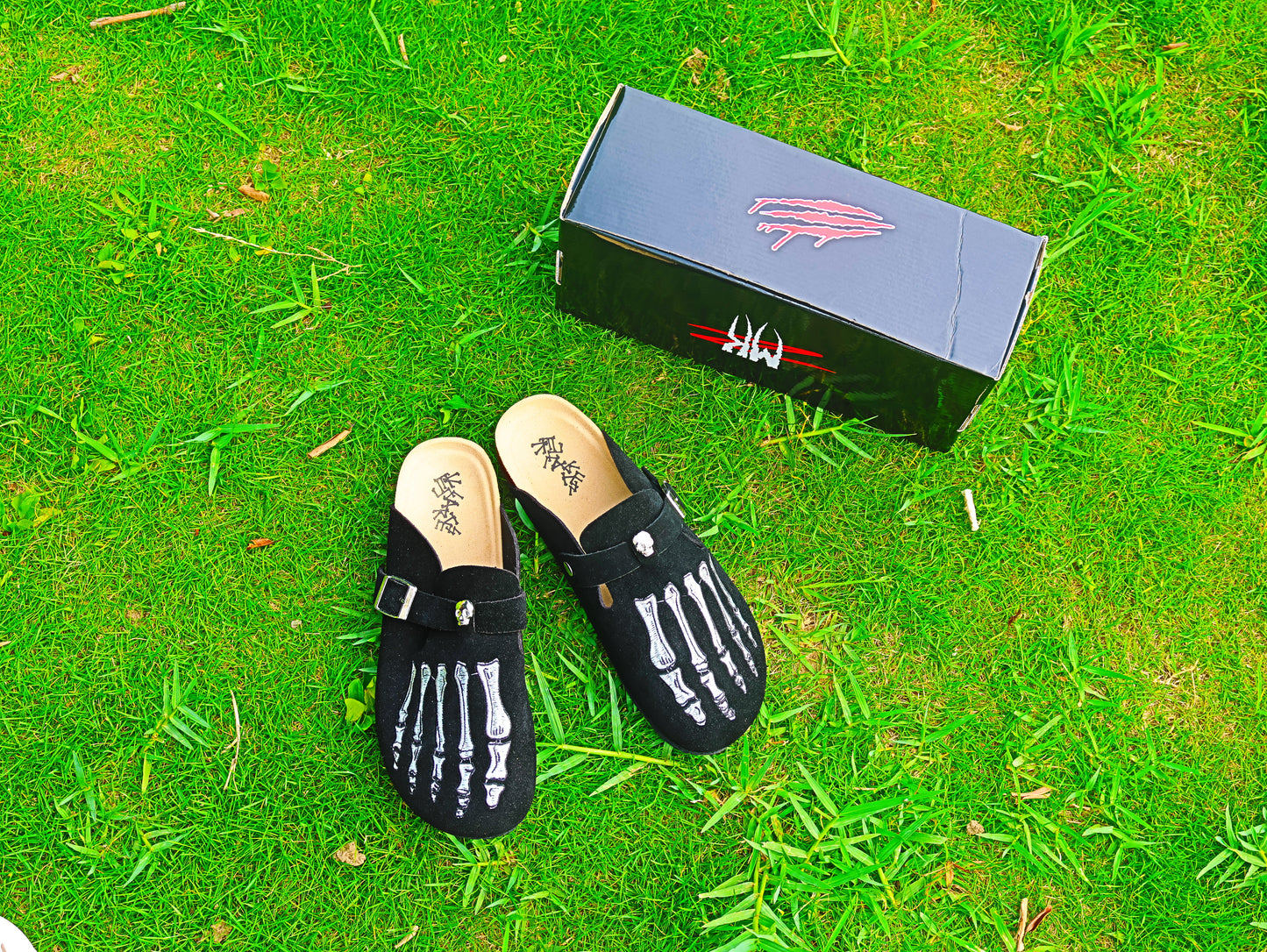 Skeleton Suede Clogs Leather Mules Cork Footbed Sandals Potato Shoes with Arch Support