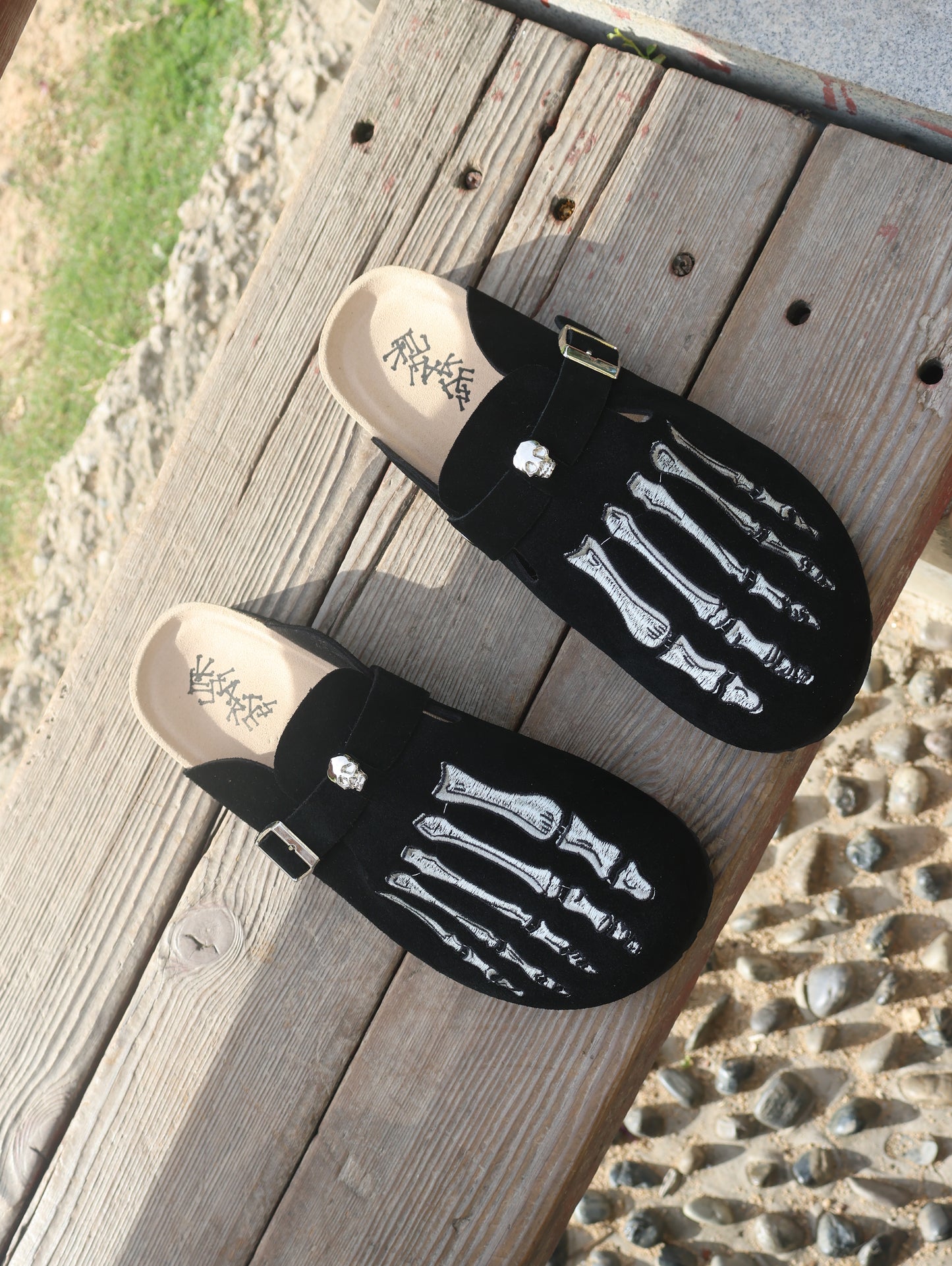 Skeleton Suede Clogs Leather Mules Cork Footbed Sandals Potato Shoes with Arch Support