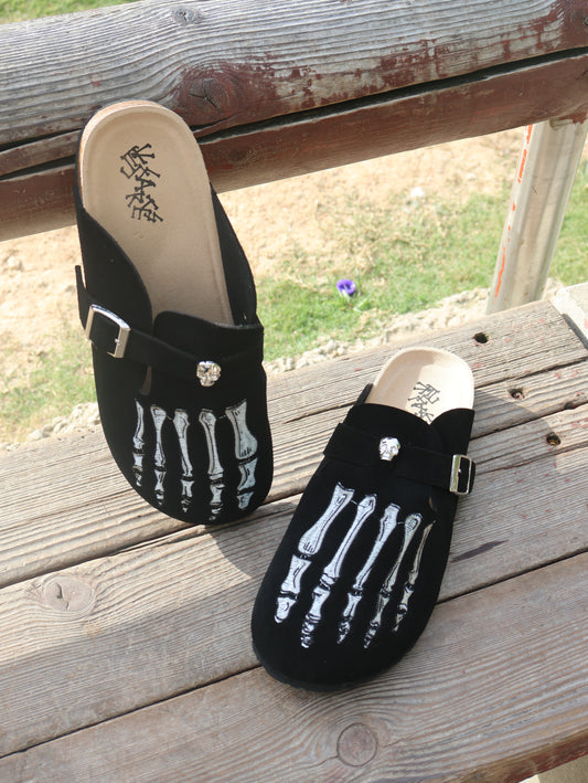 Skeleton Suede Clogs Leather Mules Cork Footbed Sandals Potato Shoes with Arch Support