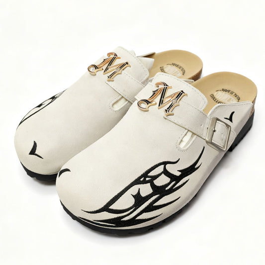 Luxury White Clogs by Meckmanly with Gold "M" Emblem & Black Tribal Tattoo Design - Stylish Slip-On Mules for Fashion-Forward Women
