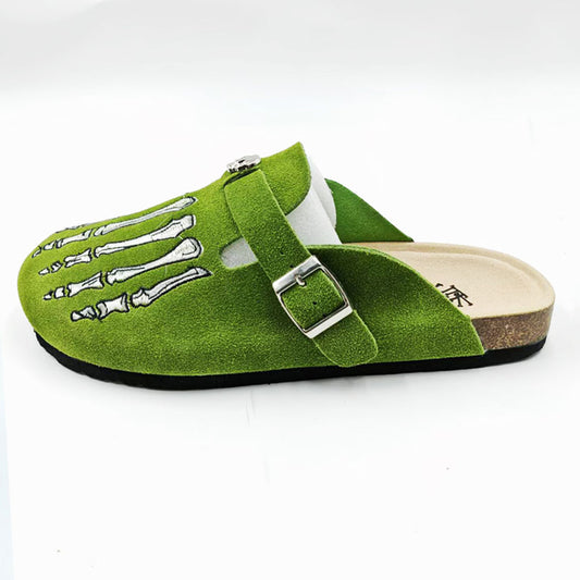 GGoth Skeleton Hand Mules for Women, Neon Green Suede Clogs, Emo Alternative Casual Shoes