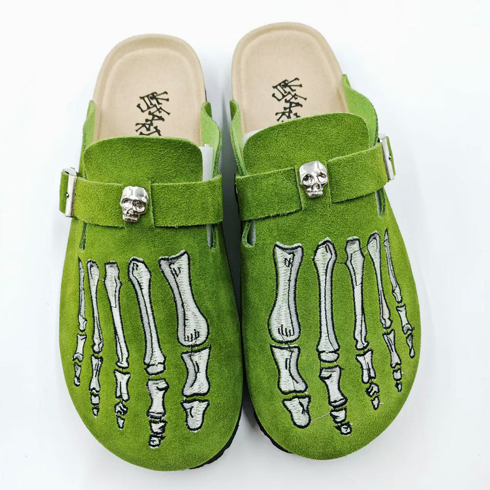 GGoth Skeleton Hand Mules for Women, Neon Green Suede Clogs, Emo Alternative Casual Shoes