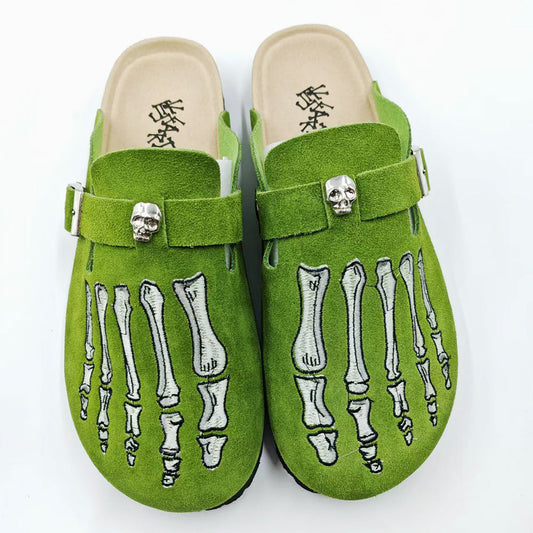 GGoth Skeleton Hand Mules for Women, Neon Green Suede Clogs, Emo Alternative Casual Shoes