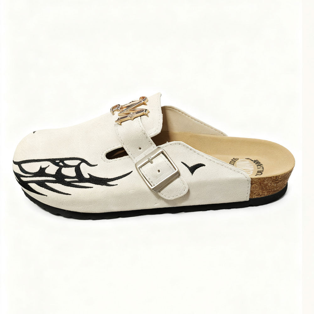 Luxury White Clogs by Meckmanly with Gold "M" Emblem & Black Tribal Tattoo Design - Stylish Slip-On Mules for Fashion-Forward Women