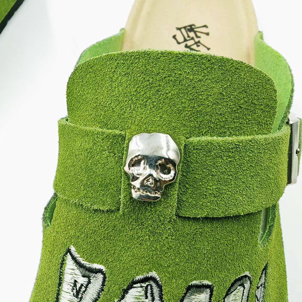 GGoth Skeleton Hand Mules for Women, Neon Green Suede Clogs, Emo Alternative Casual Shoes