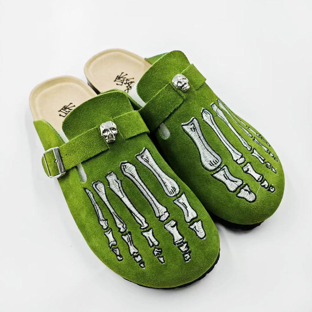 GGoth Skeleton Hand Mules for Women, Neon Green Suede Clogs, Emo Alternative Casual Shoes
