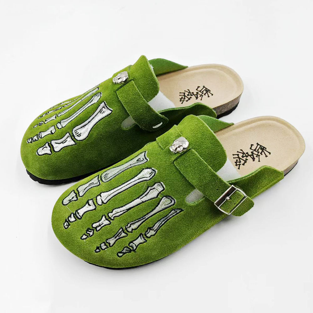 GGoth Skeleton Hand Mules for Women, Neon Green Suede Clogs, Emo Alternative Casual Shoes