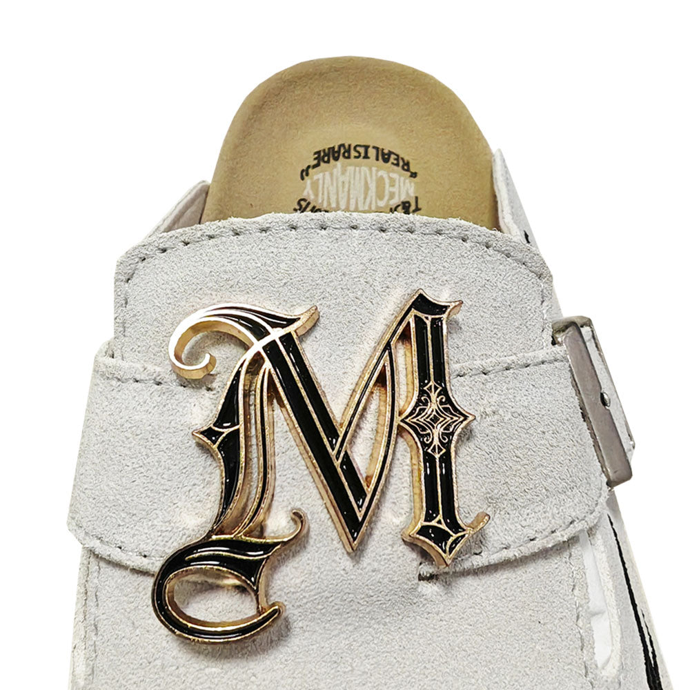 Luxury White Clogs by Meckmanly with Gold "M" Emblem & Black Tribal Tattoo Design - Stylish Slip-On Mules for Fashion-Forward Women
