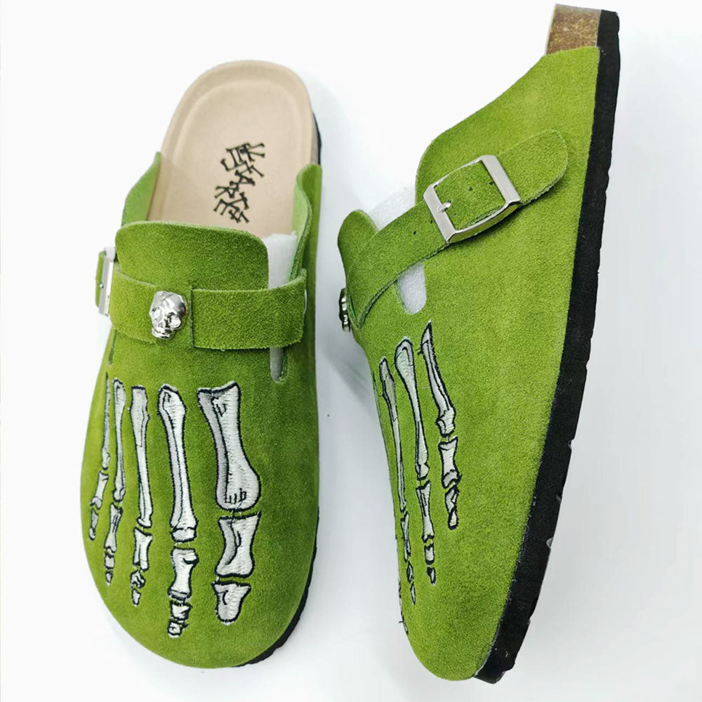 GGoth Skeleton Hand Mules for Women, Neon Green Suede Clogs, Emo Alternative Casual Shoes
