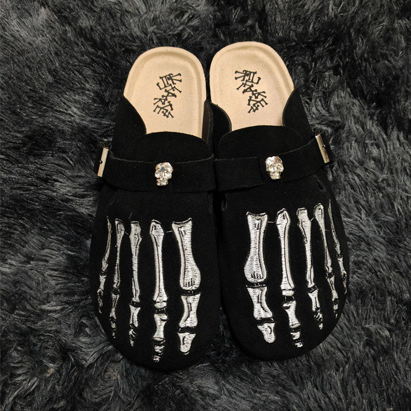 Skeleton Suede Clogs Leather Mules Cork Footbed Sandals Potato Shoes with Arch Support