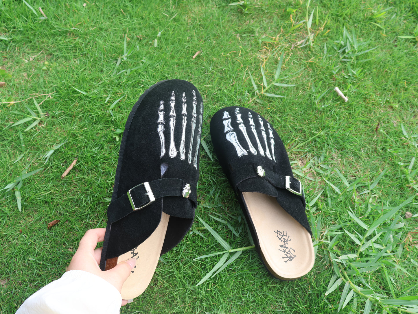 Skeleton Suede Clogs Leather Mules Cork Footbed Sandals Potato Shoes with Arch Support