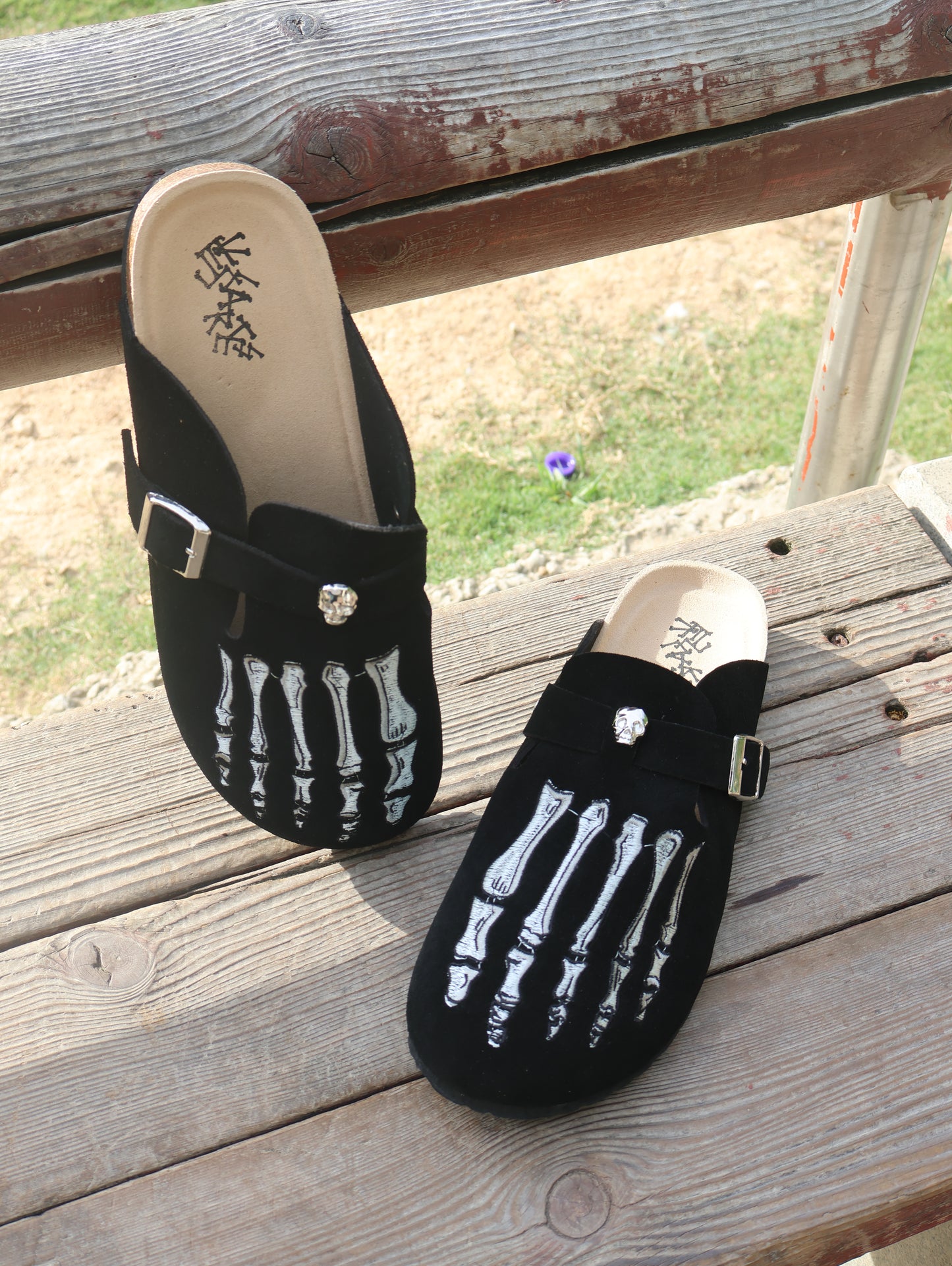 Skeleton Suede Clogs Leather Mules Cork Footbed Sandals Potato Shoes with Arch Support