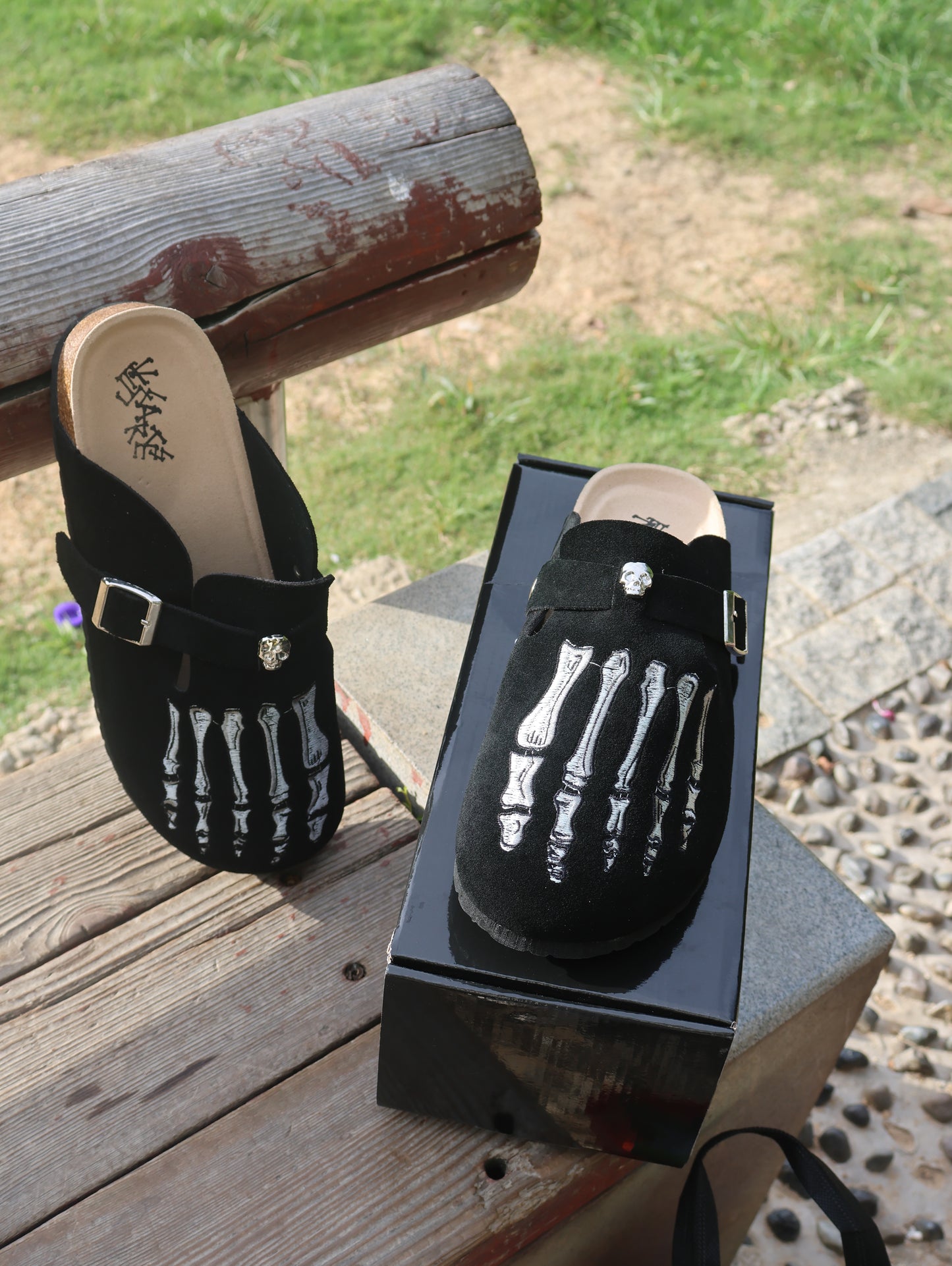 Skeleton Suede Clogs Leather Mules Cork Footbed Sandals Potato Shoes with Arch Support