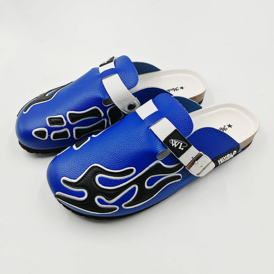 Meckmanly Men's Flame Embroidery Closed Toe Clogs Slippers, White Blue Adjustable Strap Cork Footbed Mules Slides, Fashion Streetwear Slip On Platform Sandals For Outdoor Indoor