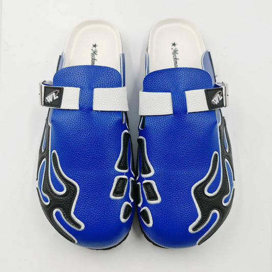 Meckmanly Men's Flame Embroidery Closed Toe Clogs Slippers, White Blue Adjustable Strap Cork Footbed Mules Slides, Fashion Streetwear Slip On Platform Sandals For Outdoor Indoor