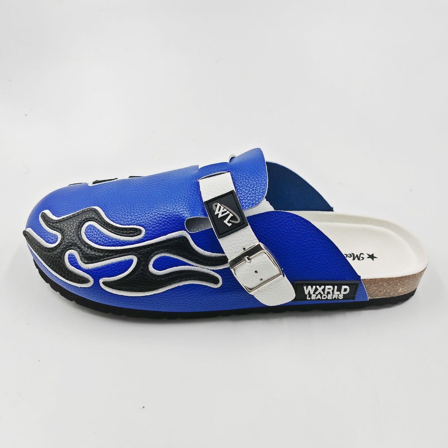 Meckmanly Men's Flame Embroidery Closed Toe Clogs Slippers, White Blue Adjustable Strap Cork Footbed Mules Slides, Fashion Streetwear Slip On Platform Sandals For Outdoor Indoor