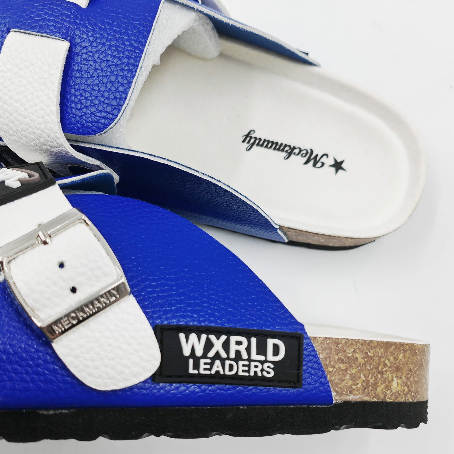 Meckmanly Men's Flame Embroidery Closed Toe Clogs Slippers, White Blue Adjustable Strap Cork Footbed Mules Slides, Fashion Streetwear Slip On Platform Sandals For Outdoor Indoor